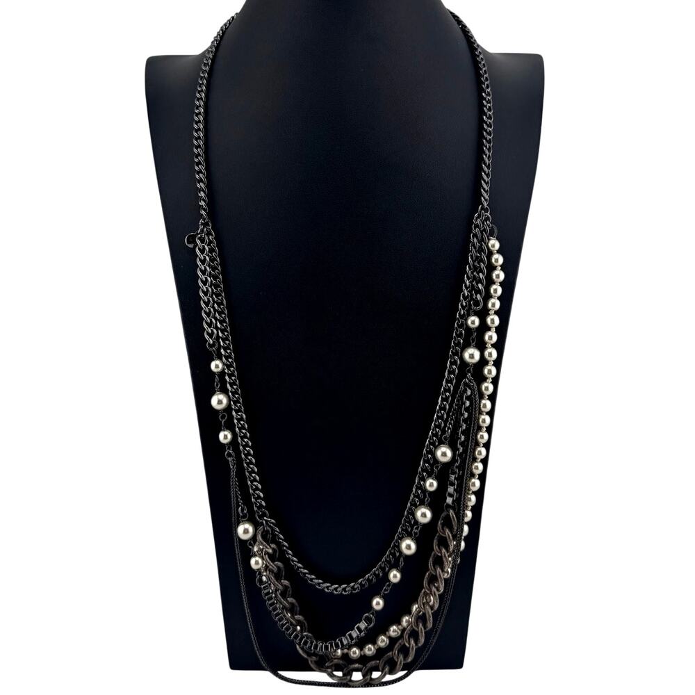JCREW Modern Layered Faux Pearl Beads Multichain Gunmetal 26" Fashion Necklace